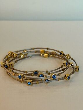 Blue Crystal Multi Strand Bracelet Set- Gold Silver Stack
